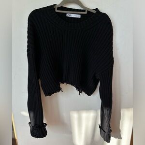 Zara Cropped Black Distressed Knit Sweater